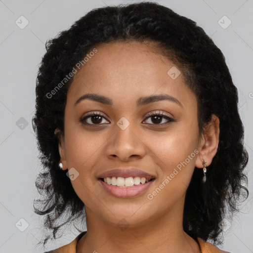 Joyful latino young-adult female with long  black hair and brown eyes