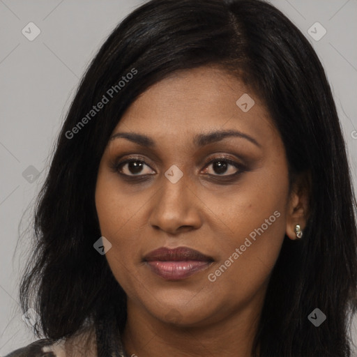 Joyful latino young-adult female with long  black hair and brown eyes