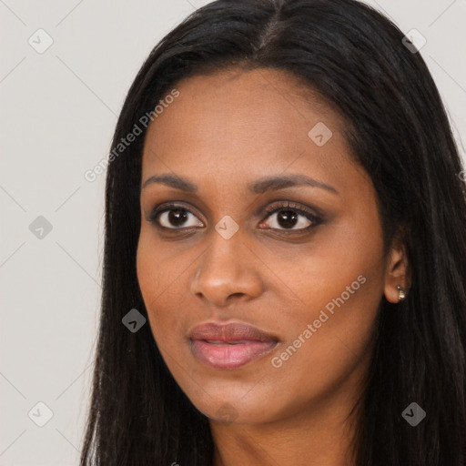 Joyful asian young-adult female with long  black hair and brown eyes