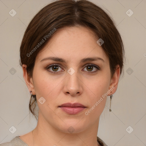 Joyful white young-adult female with medium  brown hair and green eyes