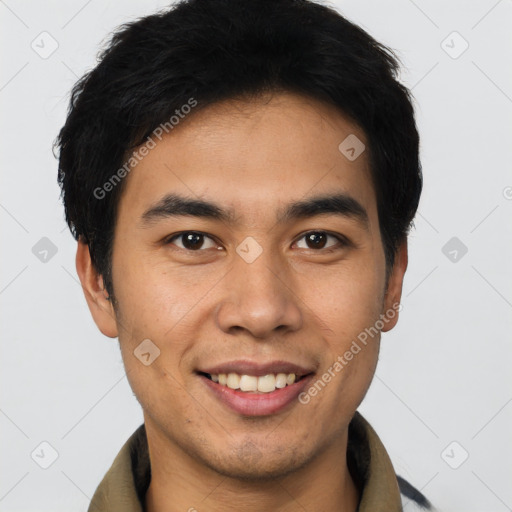 Joyful latino young-adult male with short  black hair and brown eyes