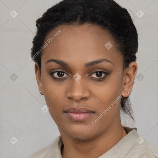 Neutral black young-adult female with short  black hair and brown eyes