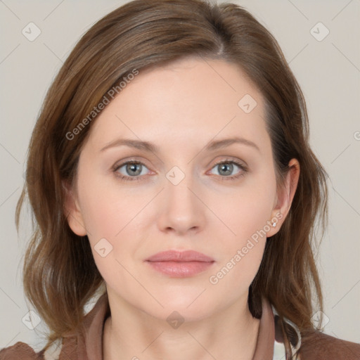 Neutral white young-adult female with medium  brown hair and grey eyes