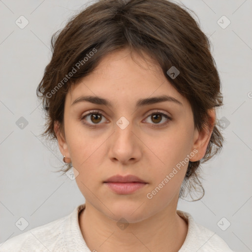 Neutral white young-adult female with medium  brown hair and brown eyes