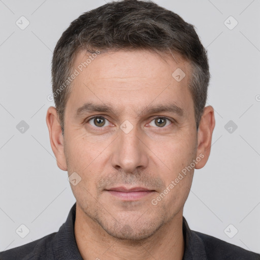 Neutral white adult male with short  brown hair and brown eyes