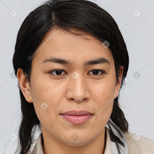 Joyful asian young-adult female with medium  brown hair and brown eyes