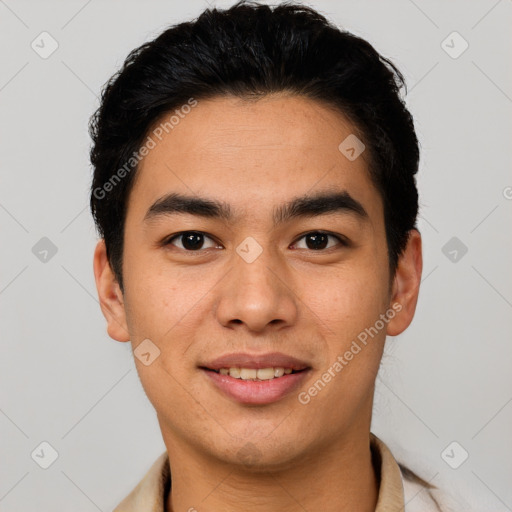 Joyful latino young-adult male with short  brown hair and brown eyes