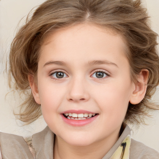 Joyful white child female with medium  brown hair and brown eyes