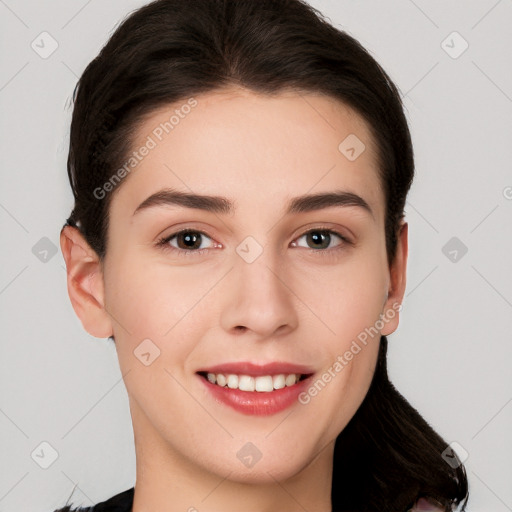 Joyful white young-adult female with medium  brown hair and brown eyes