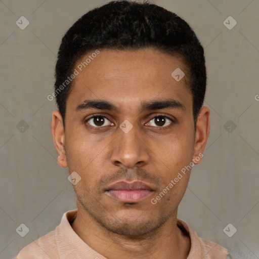 Neutral latino young-adult male with short  black hair and brown eyes