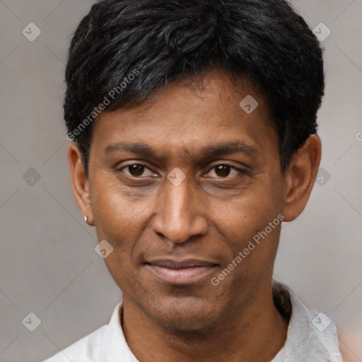 Joyful latino adult male with short  black hair and brown eyes