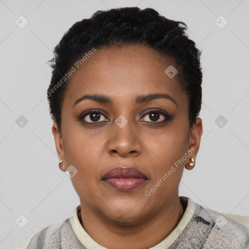 Neutral black young-adult female with short  black hair and brown eyes