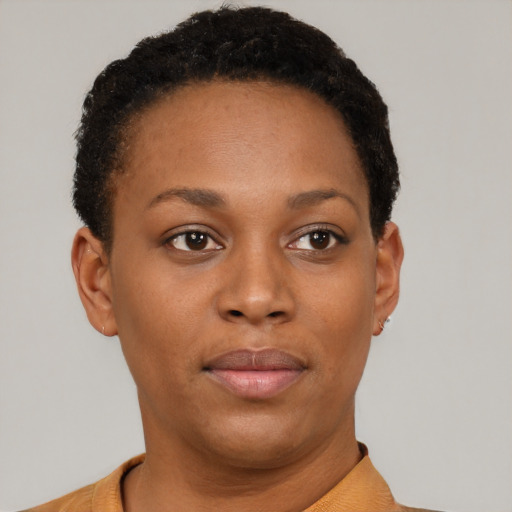 Neutral black young-adult female with short  black hair and brown eyes
