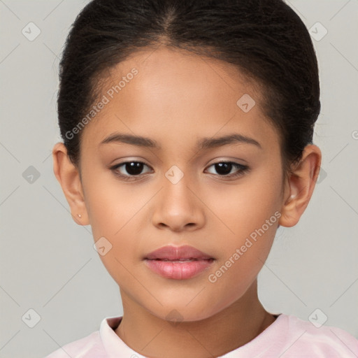 Joyful white child female with short  brown hair and brown eyes