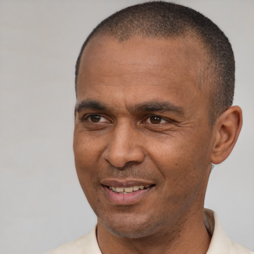 Joyful latino adult male with short  brown hair and brown eyes