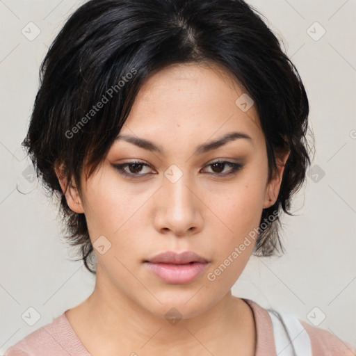 Neutral asian young-adult female with medium  brown hair and brown eyes