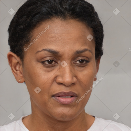 Joyful latino adult female with short  brown hair and brown eyes