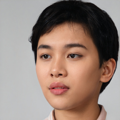 Neutral asian young-adult female with short  black hair and brown eyes