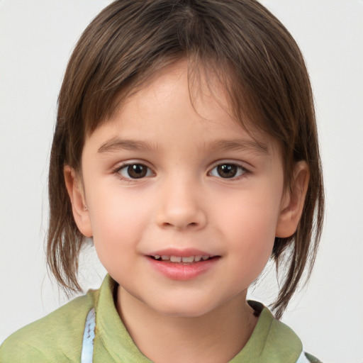 Joyful white child female with medium  brown hair and brown eyes