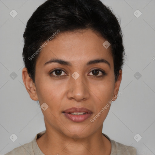 Joyful latino young-adult female with short  brown hair and brown eyes