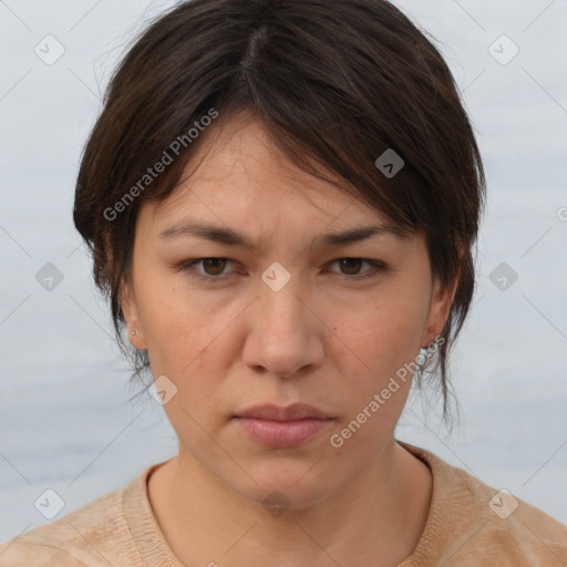 Neutral white young-adult female with medium  brown hair and brown eyes