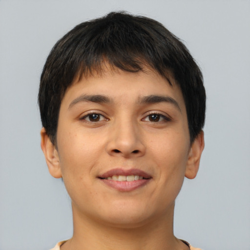 Joyful asian young-adult female with short  brown hair and brown eyes