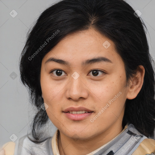 Joyful asian young-adult female with medium  brown hair and brown eyes