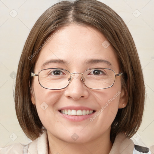 Joyful white young-adult female with medium  brown hair and blue eyes