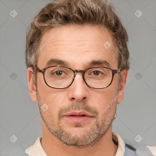 Neutral white adult male with short  brown hair and brown eyes