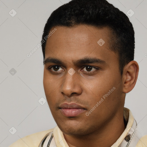 Neutral latino young-adult male with short  black hair and brown eyes