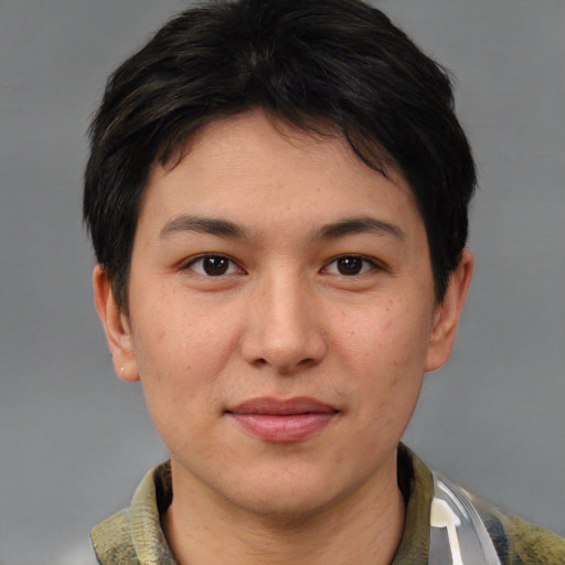 Joyful asian young-adult female with short  brown hair and brown eyes