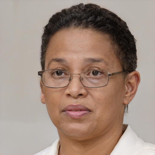Neutral latino adult female with short  brown hair and brown eyes