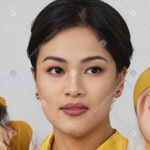 Neutral asian young-adult female with medium  black hair and brown eyes