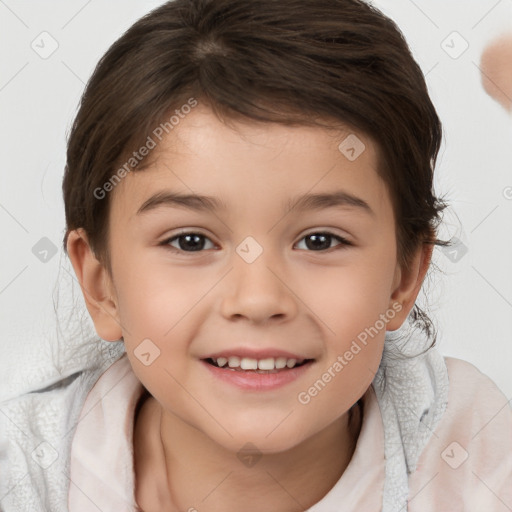 Joyful white child female with medium  brown hair and brown eyes