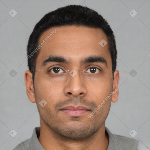 Neutral latino young-adult male with short  black hair and brown eyes