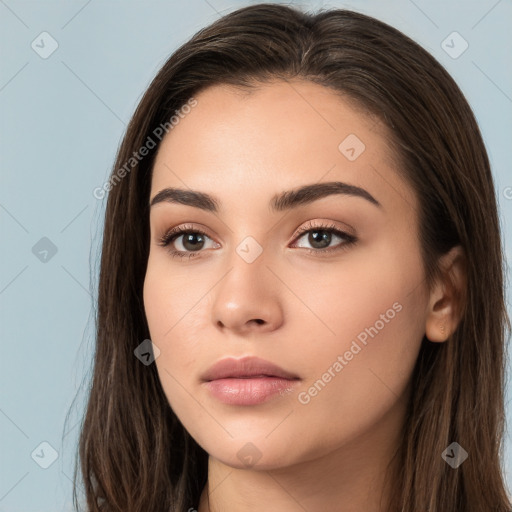 Neutral white young-adult female with long  brown hair and brown eyes