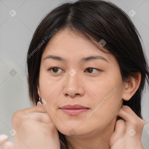 Joyful white young-adult female with medium  brown hair and brown eyes