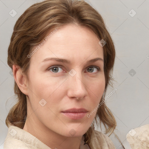 Neutral white young-adult female with medium  brown hair and grey eyes