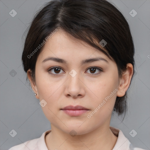 Neutral white young-adult female with medium  brown hair and brown eyes