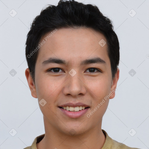 Joyful asian young-adult male with short  brown hair and brown eyes