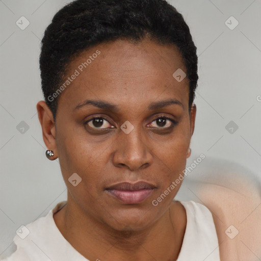 Neutral black young-adult female with short  brown hair and brown eyes