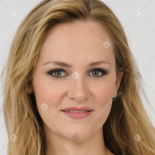 Joyful white young-adult female with long  brown hair and brown eyes