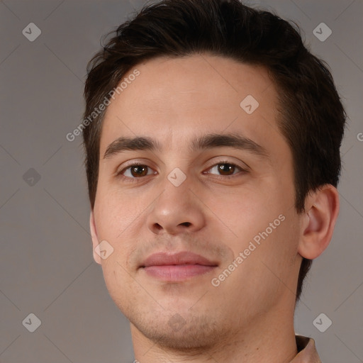 Neutral white young-adult male with short  brown hair and brown eyes