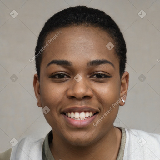 Joyful black young-adult female with short  black hair and brown eyes