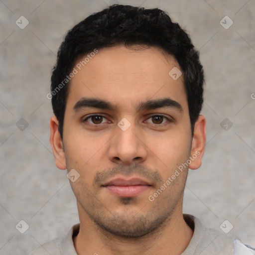 Neutral latino young-adult male with short  black hair and brown eyes