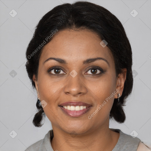 Joyful black young-adult female with medium  black hair and brown eyes