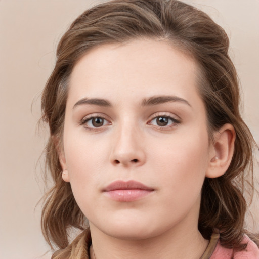 Neutral white young-adult female with medium  brown hair and grey eyes