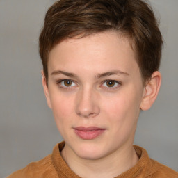 Neutral white young-adult female with short  brown hair and grey eyes