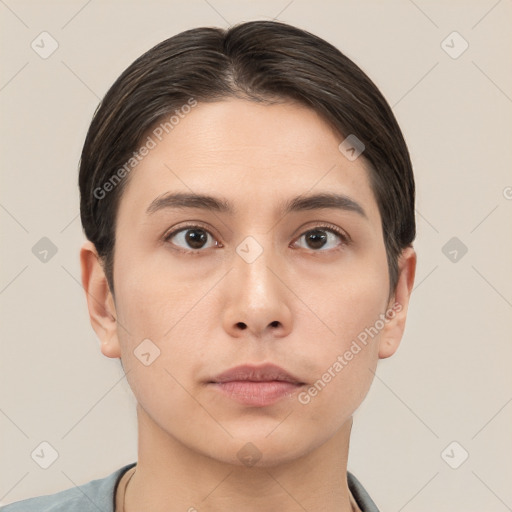 Neutral white young-adult female with short  brown hair and brown eyes