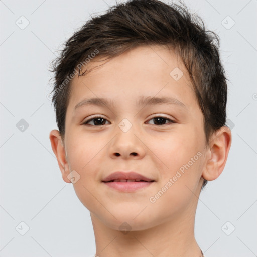 Joyful white child male with short  brown hair and brown eyes